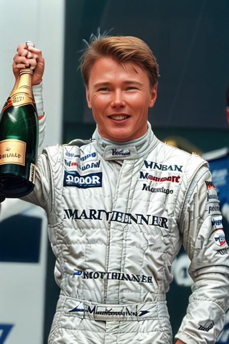 Photograph of Mika Hakkinen <lora:Mika Hakkinen V1:0.7>, racing suit, dramatic, realistic, smile, high quality, intricate details, standing on race podium, holding onto a bottle of champagne, celebrating, 4k, 1990's, retro