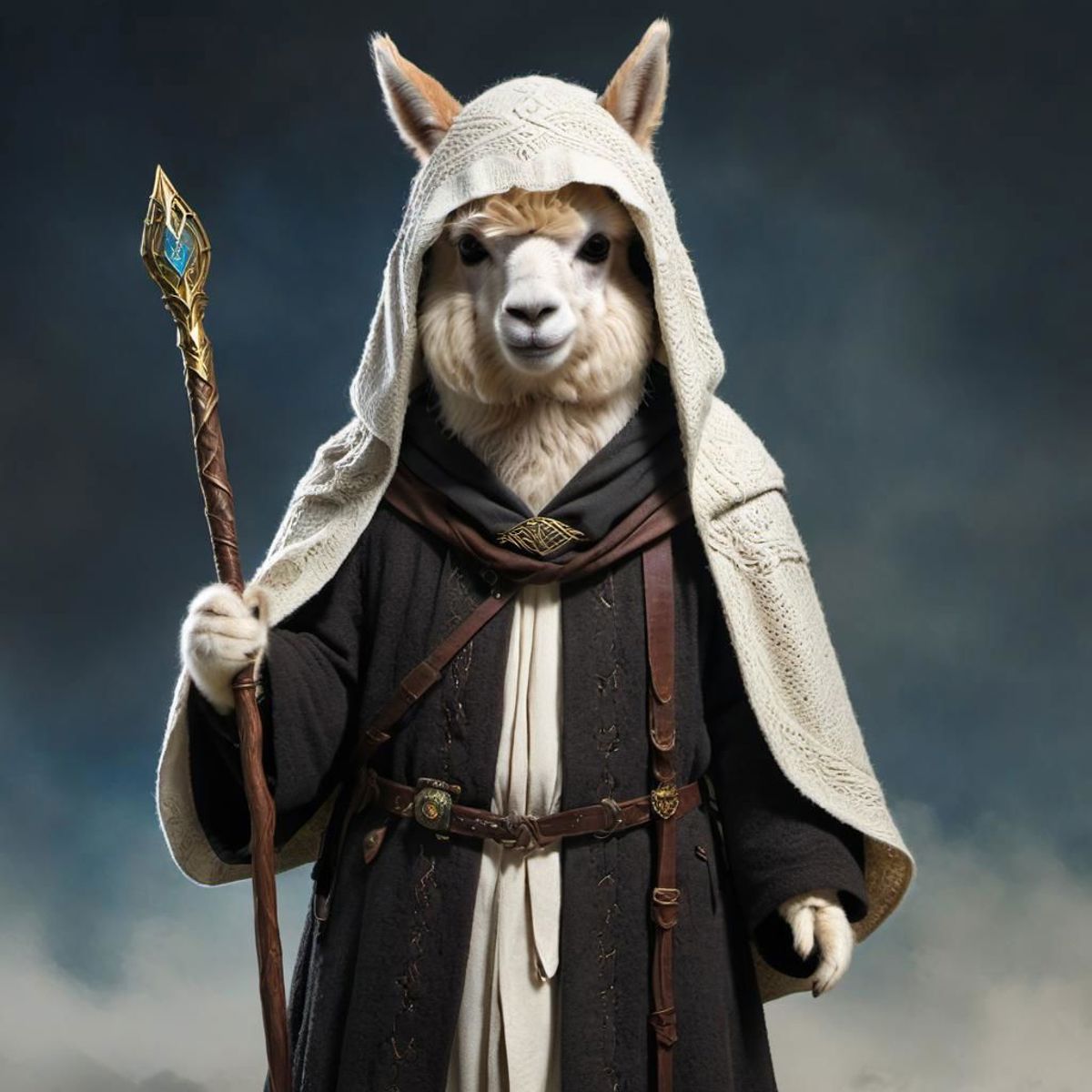 Lord of Rings vibe alpaca in digital world with a Gandalfs Staff, wearing a Gandalfs cloak hood (alpaca:1.3)
<lora:epi_noi...