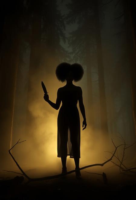 A dark and terrifying scene inspired by classic horror films. Picture a secluded, fog-covered cabin in the woods at night, with towering trees casting long shadows. In the center of the scene stands a menacing feminine figure with two huge afro puffs, holding a machete in one hand, surrounded by eerie, flickering lights. The figure’s silhouette is partially obscured by mist, creating a sense of dread and anticipation. Broken branches and ominous shapes are scattered across the ground, hinting at a recent struggle. The atmosphere is heavy with tension, fear, and the looming threat of violence, evoking the unsettling mood of iconic slasher films.