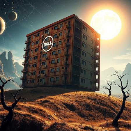 digital artwork featuring a futuristic landscape with a gigantic rusted steel apartment block, resembling a computer server in the foreground. The building, marked with a Dell logo in white, stands on a hill in a barren, undulating terrain. Old windows and balconies are visible on the building. The sky is filled with celestial bodies, orbiting around a bright, glowing sun that casts an ethereal light across the scene. The background showcases jagged, rocky mountains and twisted, leafless trees, adding to the otherworldly atmosphere. .