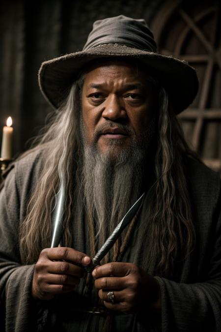 RAW photo, dynamic photo of Laurence Fishburne as Gandalf from Lord of the Rings, in the style of Peter Jackson's Lord of the Rings movie trilogy, 8k uhd, dslr, soft lighting, high quality, film grain, Fujifilm XT3