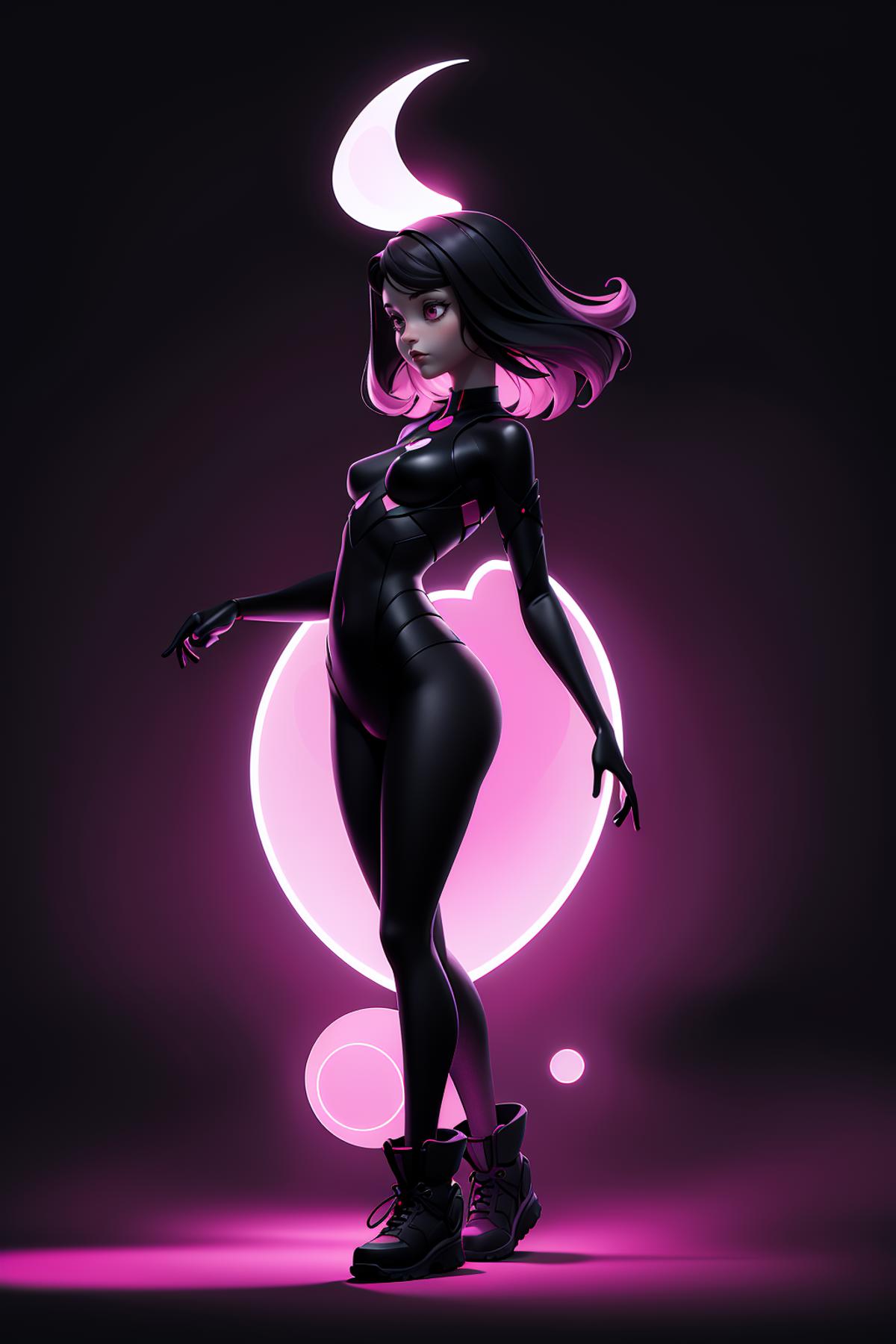 A Superhero Cartoon Image of a Woman in a Black Costume Posing in Front of a Pink Circle