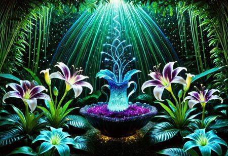 lazypos, volumetric lighting, soft glow diffusion, hyper-detailed textures, ambient occlusion, cinematic depth of field. A surreal garden where Stargazer lilies stand as luminous sentinels, their petals blazing in hyper-saturated magenta and white, throbbing with an inner bioluminescent glow that illuminates the delicate freckles on each curved stamen. Around them, an explosion of exotic flora: ghostly moonflowers dripping with electric-blue nectar, spiraling pitcher plants lined with iridescent veins, and clusters of tropical blooms whose petals refract light like stained glass. The air hums with floating motes of gold-green pollen, swirling in lazy patterns around the lilies’ faces. Background dissolves into a painterly bokeh of emerald and amethyst, suggesting endless glowing foliage beyond. Every dewdrop clinging to the lilies’ petals acts as a prism, scattering tiny rainbows across velvety surfaces. The composition balances wild abundance with delicate symmetry, a moment frozen in perfect harmony between chaos and order, drenched in otherworldly radiance