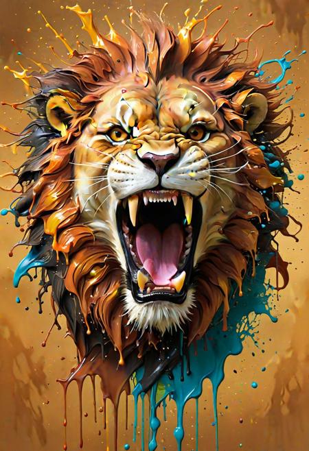 a lion with a big splash of paint all around  it's face,  Background with more painting splash in an intricate spill that leaves the canvas on a 3D s, masterful digital art, spilling juice, caramel, splash image, adi granov, bioart, strong and ferocious, art photograph, smooth drawing, dew, digital screenshot, artistic rendering.