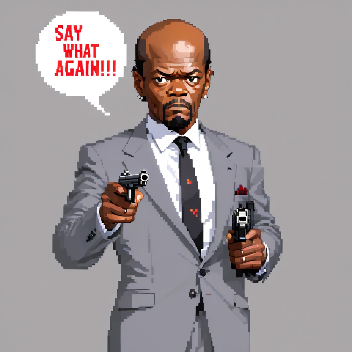 pixel art, samuel L Jackson text logo, speechbubble "Say What Again!" , holding a handgun, wearing a grey business suit,