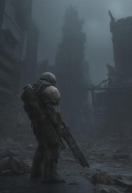 sci-fi style cyberpunk cityscape,
BREAK, A space marine in full bulky-looking armor, with a bulking rocket backpack, holding a massive one-handed sword with a chainsaw blade,
stands resolute and intimidating amidst a dystopian landscape, crumbling buildings and twisted metal surrounding him.
(a horde of horrific looking Aliens approaching him ready for battle:1.4). The sky is overcast with ominous clouds, casting a harsh light on the scene. ultra detailed rugged terrain filled with debris and remnants of civilization stretches into the distance. heavy rain and lightning,
The marine's armor gleams with intricate detailing, showcasing battle-worn textures and a reflective surface. A gripping, high-resolution photograph captures the stark reality of this desolate world, emphasizing the contrasts and vivid colors of the scene, hyper realistic, 8k, masterpiece <lora:add-detail-xl:1.34> <lora:xl_more_art-full_v1:0.9> . neon lights, dark alleys, skyscrapers, futuristic, vibrant colors, high contrast, highly detailed . futuristic, technological, alien worlds, space themes, advanced civilizations