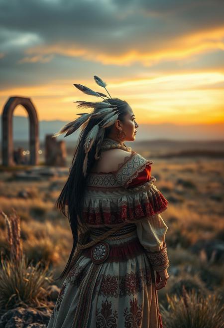 toward the horizon,, conceptual portraiture, symbolic storytelling, romantic historicism, handcrafted costume art, neoclassical drama, Indigenous identity, theatrical composition, natural landscapes, introspective emotion, elaborate set design, mythic allegory, sculptural clothing, ornate detail, wilderness and ruins, surreal self-portraiture, painterly lighting, ancestral memory, poetic visual metaphors, performative stillness, historical costume elements