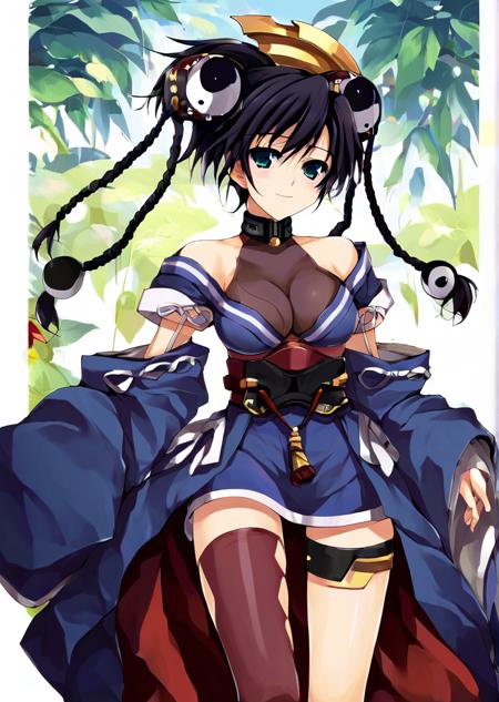  misha arsellec lune, black shirt,blue miniskirt, single thighhigh,indigo blue kimono