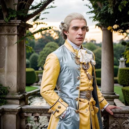 <lora:18th_Century_man_V0-000018:0.65> w16hsl1ps, 1boy, 1man,  professional photograph, 4K, 18th century clothes, historical wig, grey hair, outdoors, palace gardens, dramatic lighting, ultra realistic photograph, professional art, by Gucci photographer, medium shot, from waist up, pink lips, (yellow sash, medals, blue coat, white waistcoat), breeches, (from front:1.15), from front, (ponytail with black ribbon:0.2), sunset, looking towards viewer,
