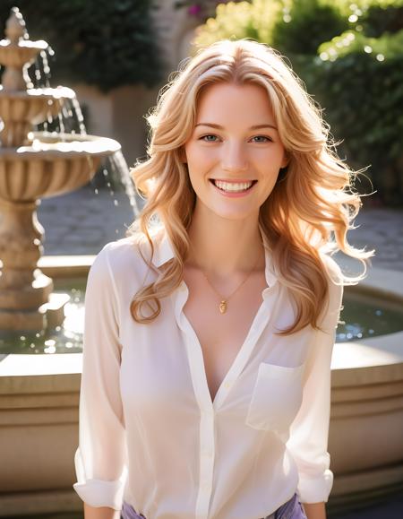 A5HL3YH, In a vibrant, sunlit courtyard adorned with blooming lavender and ivy-covered walls, a radiant woman with a contagious smile graces the frame. Her golden locks cascade down her back, complementing her blonde wig, while her chestnut tresses frame her face in soft tendrils. She wears a stylish white shirt, unbuttoned slightly to reveal a hint of a delicate necklace, exuding confidence and ease. The camera captures her from the waist up, positioned at an angle that emphasizes her engaging smile and the playful dance of sunlight on her hair. Behind her stands a quaint stone fountain, its water dancing in rhythm with the gentle breeze, creating a serene backdrop to this captivating portrait.