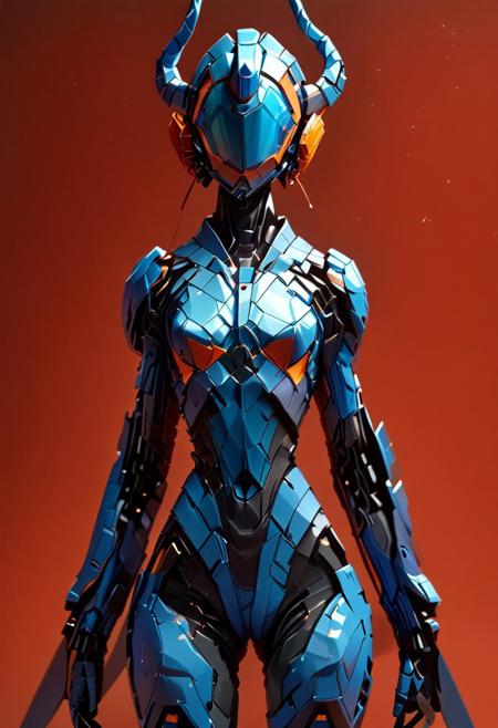 score_9, score_8_up, score_7_up, WORLD MORPH ORIGAMI, best quality, robot girl, noface, solo, thick-horn parts, glowing visor, blue tactical suit, space_space, black cape, standing, legs apart, simple red background,