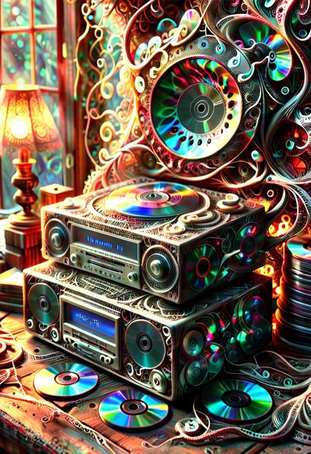 auralora, Fractangles, ral-frctlgmtry, fractal-flame, fractalex, fractalvines, PG-TR. A nostalgic scene: A vintage CD player sits atop a dusty wooden shelf, surrounded by stacks of worn-out jewel cases, each containing a prized collection of CDs. The warm glow of a retro lamp made from fractal vines casts a soft light on the cluttered space, as if illuminating the memories of a bygone era. In the foreground covered in fractal vines, a few select CDs are arranged in a deliberate pattern made of cd's made out of fractangles, like a fractal, symbolizing the beauty and complexity of the music that once filled these discs.