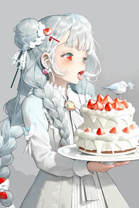 nsfw,
1girl, solo, long hair, blush, open mouth, hair ornament, red eyes, long sleeves, dress, bow, holding, jewelry, very long hair, upper body, braid, flower, white hair, hair bow, earrings, food, tongue, hairclip, puffy sleeves, tongue out, grey background, hair bun, white dress, red bow, twin braids, cup, looking to the side, grey eyes, double bun, fruit, bird, looking away, white flower, brooch, plate, tray, teacup, cake, strawberry, fork, floral background, food on face, holding tray, holding plate, cake slice, white theme, strawberry shortcake, 
 <lora:karohroka:1>