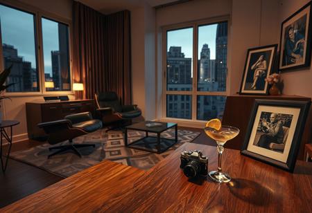 Shot with a Fujifilm GFX 100S and a GF 45mm f/2.8 lens, the scene features cinematic shadows contrasting soft, precise mid-range highlights. A low-angle composition emphasizes sleek, minimalist décor, bathed in gentle halogen warmth.
Clean, uncluttered spaces feature iconic Eames lounge chairs arranged atop geometric-patterned rugs. A vintage radio, gleaming on a polished walnut credenza, softly plays timeless classics. Nearby, an antique camera sits beside a framed black-and-white photograph capturing a candid moment from the past. Tall windows offer glimpses of urban twilight, softening the room’s sharp angles. An untouched cocktail, garnished with a lemon twist, rests elegantly beside the photograph, suggesting a quiet evening of contemplation.
