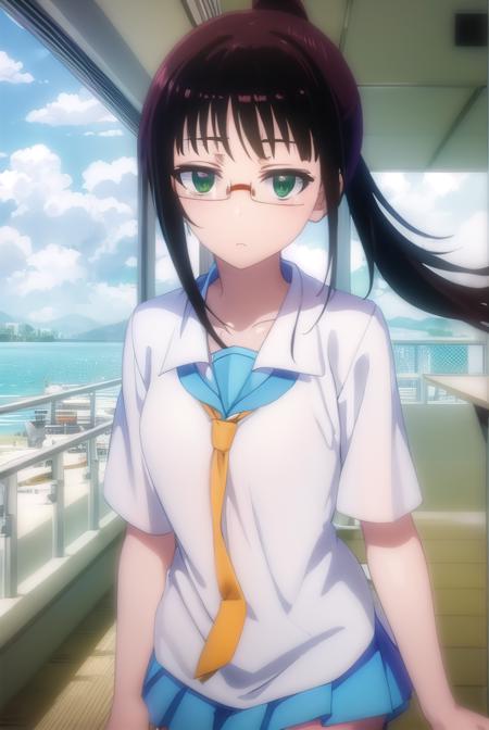 rurimiyamoto, <lora:ruri miyamoto s2-lora-nochekaiser:1>,
ruri miyamoto, long hair, bangs, black hair, (green eyes:1.3), ponytail, glasses, blunt bangs,
BREAK skirt, shirt, thighhighs, school uniform, collarbone, white shirt, pleated skirt, necktie, serafuku, sailor collar, blue skirt, blue sailor collar, orange necktie,
BREAK indoors, classroom,
BREAK looking at viewer, (cowboy shot:1.5),
BREAK <lyco:GoodHands-beta2:1>, (masterpiece:1.2), best quality, high resolution, unity 8k wallpaper, (illustration:0.8), (beautiful detailed eyes:1.6), extremely detailed face, perfect lighting, extremely detailed CG, (perfect hands, perfect anatomy),