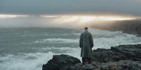 (full shot, distant, whole body) , old rugged fisherman, long white beard, torn gray coat, standing on rock, looking away, beach, stormy, dense fog, rocks, (spindrift, spray), cinematic, rocks in foreground, (sunrise, god rays)