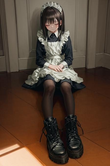 1girl, solo, white pantyhose, maid, sitting, maid headdress, black hair, apron, dress, closed eyes, pantyhose, black footwear, long hair, long sleeves, boots, indoors, closed mouth, black dress, maid apron, full body, on floor, white apron, bangs, sleeping, ankle boots, white thighhighs, cross-laced footwear, black bow 
///////////  <lora:GU-000183:1>