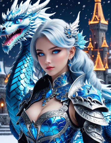 <lora:add-detail-xl:1> A professional photography of an elegant woman with shiny neon color hair, neon blue eyes, Rococo style blue dragon armor with antique patterns, fractal, ultra detailed clothes textures, crystal dragon scales, transparent glass, majestic castle on the hill, perfect snowing night, fantasy snow field, (makeup:1. 2), masterpiece, vibrant atmosphere, cinematic angle, Realistic photo, (official art, extreme detailed, highest detailed), RAW, DSLR, 32k UHD resolution, depth of filed, reflection lights, close up