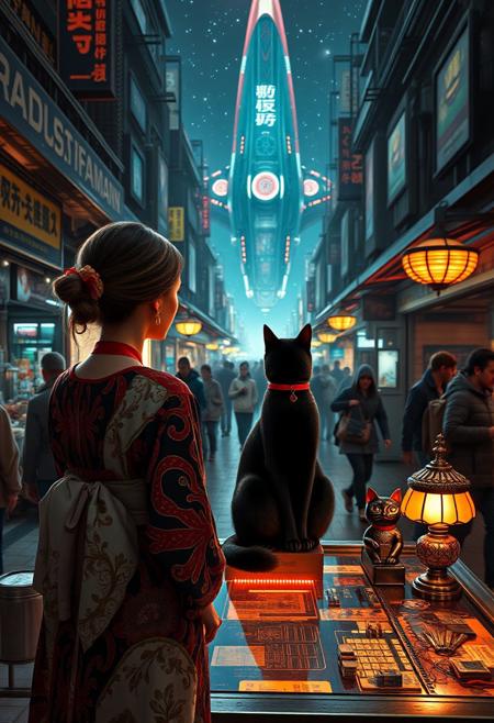 Setting is a futuristic cyberpunk street market at night, the market is comprised of street vendors selling robot parts, food, weapons, and robot pets. People wearing futuristic cyberpunk clothing are walking through the street market shopping and eating, A sleek black cat with red collar sits on a cluttered metal riveted desk with transparent top and micro-LED lighted computer components visible inside, On the desk is an ebony and gold maneki neko statue and a classic ornate art deco lamp, (((a beautiful woman, 24 years old, is standing in the foreground facing the viewer))), the sleek black cat with red collar is sitting on the desk and watching the people walking by in the busy street market, the woman is dressed in futuristic cyberpunk Japanese style kimono-style clothing that are sexy and Japanese classic aesthetic. An enormous art deco inspired starship with futuristic lighting and an enormous space station are visible in the background among the stars, The woman's hair is elegantly tied up with a ribbon. Artistic cyberpunk, dynamic perspective, (((overall architectural aesthetic is Art Deco Cyberpunk))).  Epic image that elicits a feeling of wonder and awe, part of the interior is visible,