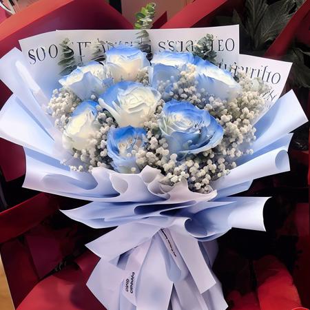 bouquet,blue rose,hydrangea,white babysbreath,eucalyptus,white packing ,eucalyptus,solo, <lora:BouquetLatin_V13:1>