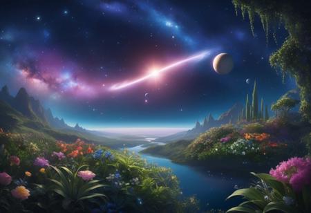 A garden floating in space, where the plants and flowers are made of stardust and glow with a soft, ethereal light. Planets and stars can be seen in the distance, creating a surreal and otherworldly environment.
