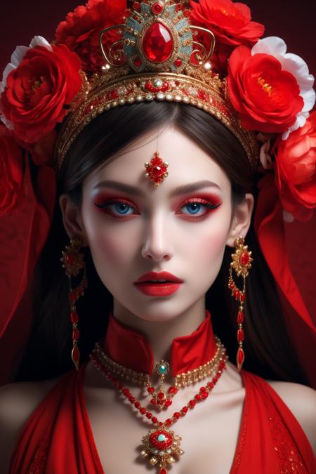 <lora:hn_20231012160802:0.9>,hn,1girl,solo,red theme,flower,red background,makeup,red flower,hair ornament,blue eyes,looking at viewer,jewelry,red lips,rose,gem,hair flower,red rose,eyeshadow,portrait,closed mouth,lipstick,red hair,upper body,necklace,simple background,crown,eyeliner,beads,