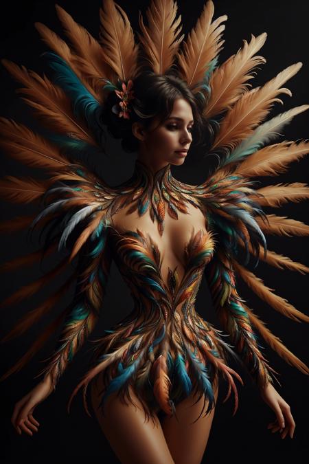 closeup, ral-feathercoat, a woman in a colorfull bright dress with feathers on it <lora:ral-feathercoat:1> black background, dim warm backlight, bright spotlight