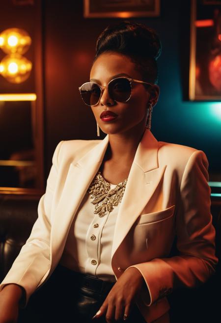 a noir night club, neon lights, sits a (female black club owner:1.2), wearing shades, waist coat, in an upstairs private lounge, smoking a cigarette with an extender, hazing smoke, female groupies, drinks, natural light, 35mm photograph, film, professional, 4k, highly detailed, Golden hour lighting, Depth of field F2, Rule of Thirds Composition.
