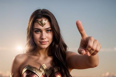 DC movies,photo of a 18 year old girl,wonder woman,pointing at viewer,happy,laughing,ray tracing,detail shadow,shot on Fujifilm X-T4,85mm f1.2,sharp focus,depth of field,blurry background,bokeh,lens flare,motion blur,<lora:add_detail:1>,