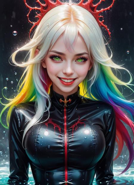 <lora:FF.82.sdxlUnstableDiffusers_v6StabilityEater.lora:1> a Girl, laughing, Colorful colors, surrounded by water bubbles, in the style of Kawacy, Masterpiece, Oil painting drawn in anime style, head close - up, exaggerated perspective, Tyndall effect, water drops, mother - of - pearl iridescence, Holographic white, chess queen outfit, anime girl, girl with a pretty face, white gold hair, green eyes, goth girl, ((sexy school uniform)), wearing a stylish very sexy school uniform, with a funny expression on her face, Hellwalker, incombing death, black bloody veins growing and intertwining out of the darkness, oozing thick yellow blood, veins growing and pumping blood, (chubby female body:0.8), vascular networks growing, connecting, explanding, red veins everywhere, zdzislaw beksinski, (sharp colors:1.3), (rainbow skin:1.1), (Infrared:1.2), ultra detailed, intricate, ((dry brush, ultra sharp)), (surrealism:1.4), (disturbing:1.5), beksinski style painting, satanic symbols, (full torso), full body in frame, centered body, kawaii, realistic, ((intricate details)), (pale gothic evil queen), ibrant, action-packed, detailed character design, reminiscent of fighting video games, black bloody veins growing and intertwining out of the darkness, oozing thick neon rainbow blood, veins growing and pumping blood, vascular networks growing, connecting, explanding, red veins everywhere, zdzislaw beksinski, (vibrant colors:1.1), dynamic pose, perfect face, (realistic eyes), perfect eyes, ((dark gothic background)), sharp focus