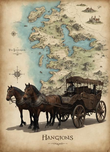 cart with horses in the background, side shot, fantasy map, 8k <lora:fantasy map:0.3>