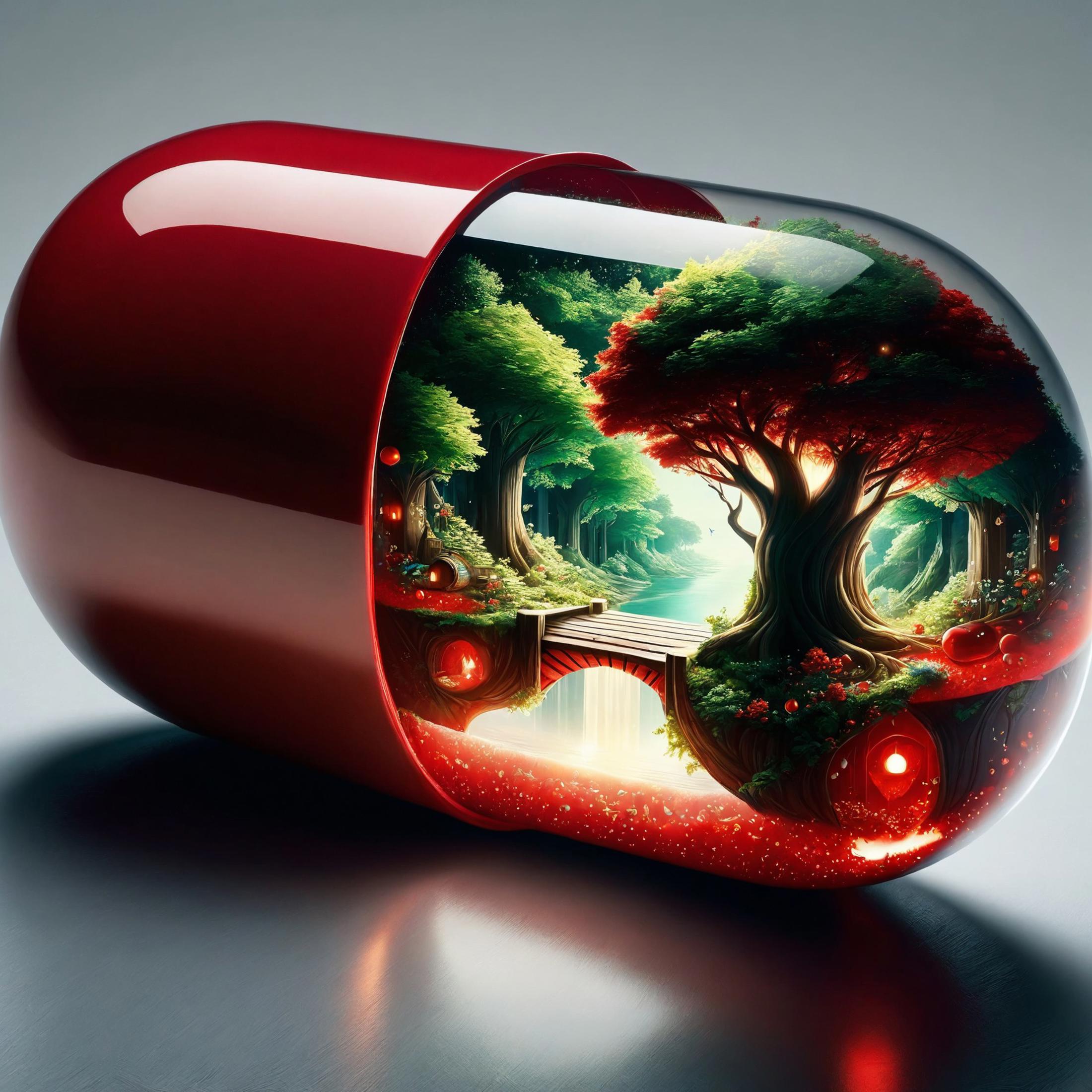 A red pill bottle with a forest scene inside.