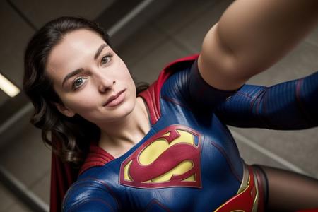a perfect selfie photo of supergirl taking off her top, proessional photography, ultra realistic