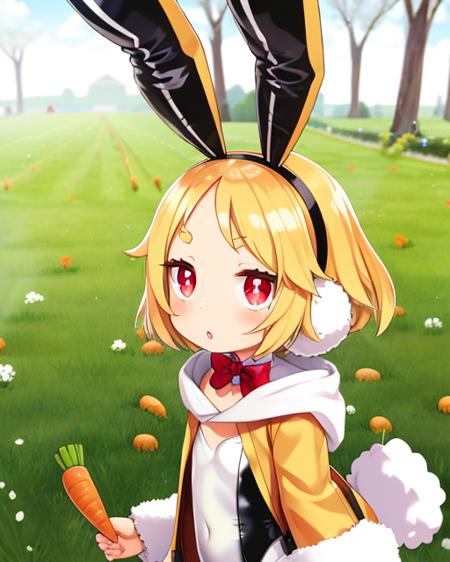 Usalia, short blond hair,red eyes ,short eyebrows, standing, upper body, 
UsaJac,rabbit ears with a black hairband, yellow fur-trimmed jacket, white scarf, white leotard with black pantyhose, rabbit tail, bunny slippers, red bowtie,covered navel ,
carrot farm, outer space,  grass,  large carrots, 
 (insanely detailed, beautiful detailed face, masterpiece, best quality)    <lora:Usalia:0.8>