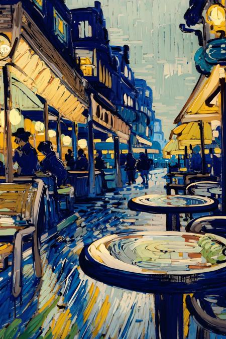 vg,<lora:vgv1-000009:.9>,tables and chairs and people in a coffee shop on a city street,rain,details,cars