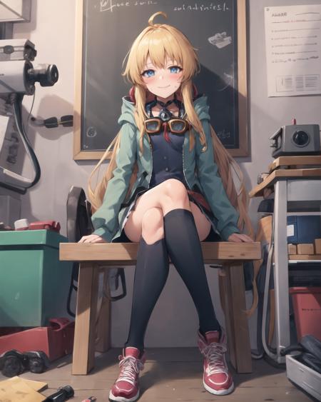 best quality, (masterpiece:1.2), illustration, absurdres,
(1girl, solo), (beautiful detailed girl),
<lora:Tita:0.9>, Tita Russell, blue eyes, blonde hair, long hair, ahoge, small breasts, flat chest, petite,
goggles on neck, green hoodie, blue shirt, miniskirt, black socks, red shoes,
inside workshop, mechanical workshop, inside factory, tools, machinery, robot workshop, working, sweat, engineer, intricate detailed workshop, stained clothes, oil stains,
looking at viewer, smile, blush,
((crossed legs)), full body shot,