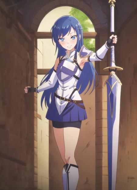 <lora:Summoned_to_Another_World_for_a_Second_Time:1>, ElkaVerso, 1girl, anime coloring, armor, belt, bike shorts, blue eyes, blue hair, blue skirt, breastplate, detached sleeves, fingerless gloves, gloves, long hair, pleated skirt, sheath, sheathed, shorts, shoulder armor, skirt, solo, standing, sword, weapon, <lora:Masterpiace:1>,  ((strike a pose, happy, wink))