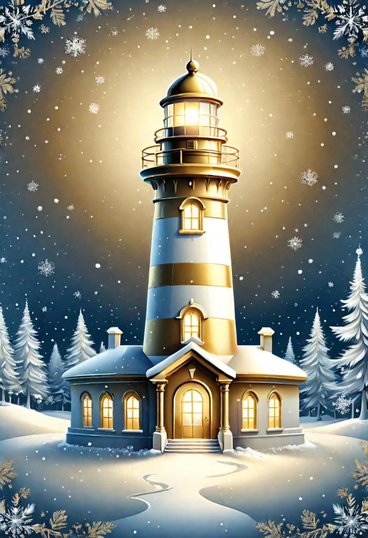 Illustration of a lighthouse covered in snow and surrounded by trees and pine cones.