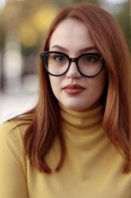 Photo of beautiful j3ssc4r0l1n3 woman, detailed face, (blurred background)+, yellow turtleneck blouse, analog film grain, smile, makeup+, glasses