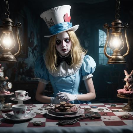heavy nightmare Version of alice in Wonderland filled with creatres from the story, photorealism, fantasy,  horror lighting, dynamic lighting, very high detailed