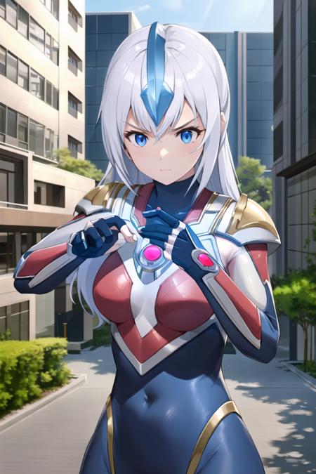 beautiful detailed 1girl, ultragirl, ultraman bodysuit, extremely detailed CG unreal engine 8k, best quality, (detailed fingers, detailed hands, detailed face), all intricate, detailed buildings around, outside,
upper body, serious, fighting pose, soiled, damaged, standing, (clenched hands), arms reaching, 
<lora:Ultragirl-LoRA11:1>