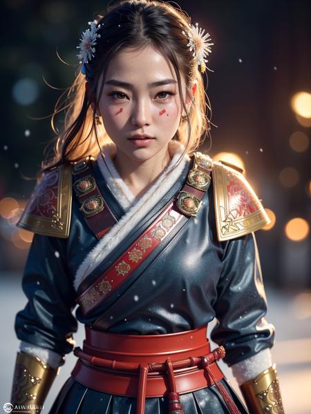 macro,
((beautiful samurai girl)), detailed facial features, realistic skin texture,
fantasy, fairytale, space adventurer, scifi character, cute, character,
vivid colors, intricately detailed sharp focus, cinematic lighting, rim lighting, masterpiece, cgsociety, 4k, octane render,
((glittering snow flakes, halos, bokeh))