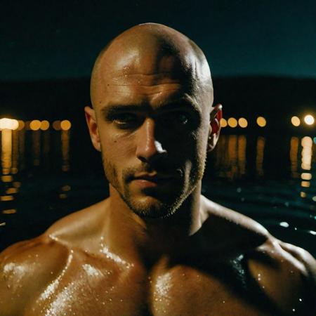 portrait male European man, (swimming in the lake:1.2). (up to neck in water:1.1). (Frowning:1.2). young, bald patch, beautiful, in love. loving. warm gaze. broad shoulders,( large biceps:1.1), shoulder tattoo, cinematic composition, extreme detail, metahuman creator. Night. Fireflies. (Low light:1.4). stars. Reflection. Taken from above. Movie Still, Film Still, Cinematic, Cinematic Shot, Cinematic Lighting.