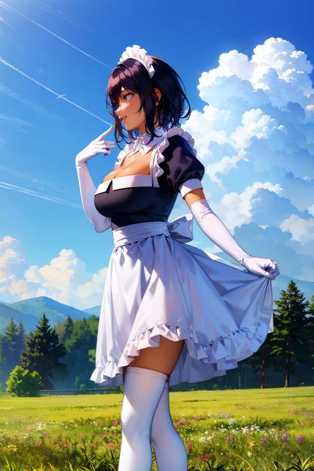 masterpiece, best quality, <lora:maidlilith-nvwls-v1-000009:0.9> defLilith, dark skin, maid headdress, detached collar, maid dress, cleavage, short sleeves, puffy sleeves, white elbow gloves, apron, huge breasts, flowers, field, sky, clouds, hill, running, wide shot, smile, profile, white thighhighs