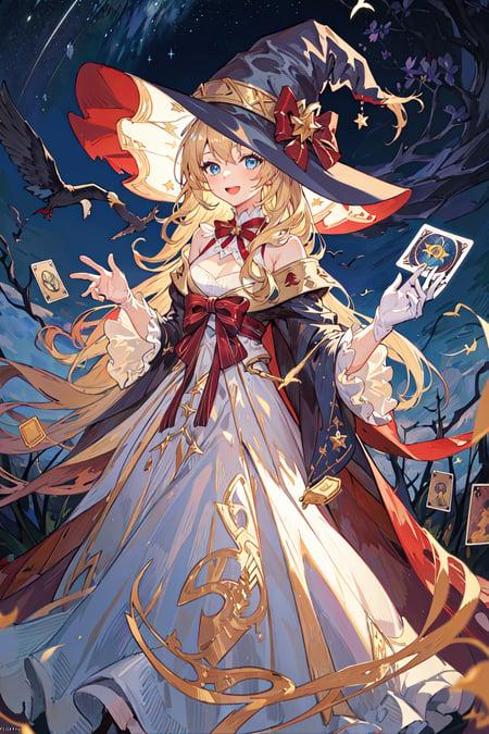 ((masterpiece:1.2, best quality)), 1girl, solo, (witch hat), blonde hair, long hair, dress, aurora, night, star (sky), gloves, sky, white dress, night sky, open mouth, starry sky, blue eyes, ribbon, very long hair, red dress, smile, hair ribbon, cape, blue hair, (bird), magic, casting spell, dark clouds, night, (impressionism:1.4), (tarot:1.3), alphonse mucha,