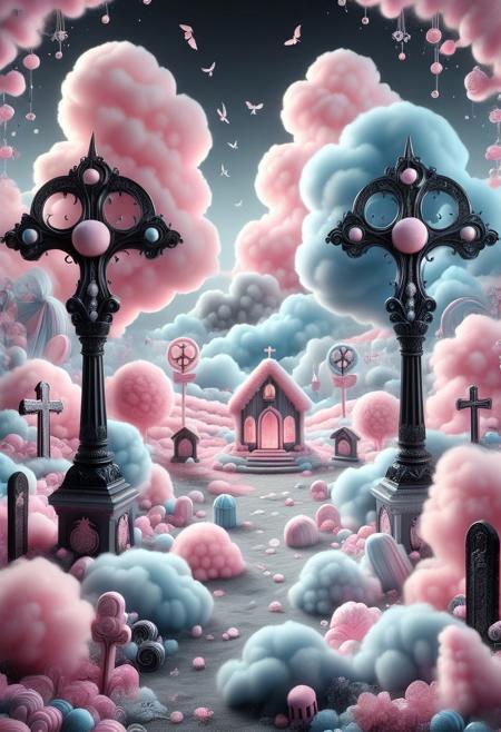 graveyard made of cottoncandy, (black:1.2), (gray:1.2).