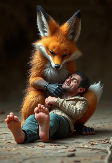 Cute, curvaceous, furry anthropomorphic female fox, is crushing tiny man with bare feet