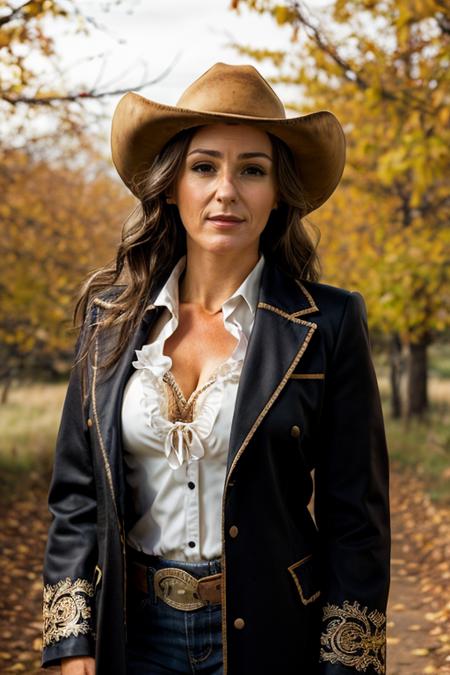 <lora:Suranne_Jones:1> masterpiece, best quality, detailed face, a mature s1873j, 1girl, solo, cowboy costume ,  autumn , day