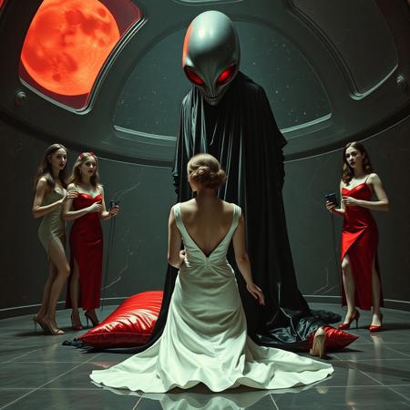 high-society elegant slender norvegian rich innocent young bride  kneeling  at weird red glossy foil pillow from behind. She is ensnared by a towering, gray human-like alien, draped in a long, glossy wet-look black slime cloak, its eyes gleaming red with an otherworldly intensity.  its hands put  slimy  mind parasyte  at her head. Surrounded by strict ladies wearing  glossy satin dominatrix attire and glossy high heels,  holding camdles.   weird wet-look black slime  walls and floor, colossus observation blister to outer space full of stars, bright red moon, vintage-inspired makeup, long hairs, ultra thin waist, evil grin, porcelain skin, lipstick, red nails, in the style of a haunting, retro-futuristic 1950s sci-fi nightmare, horror, alien space base,,