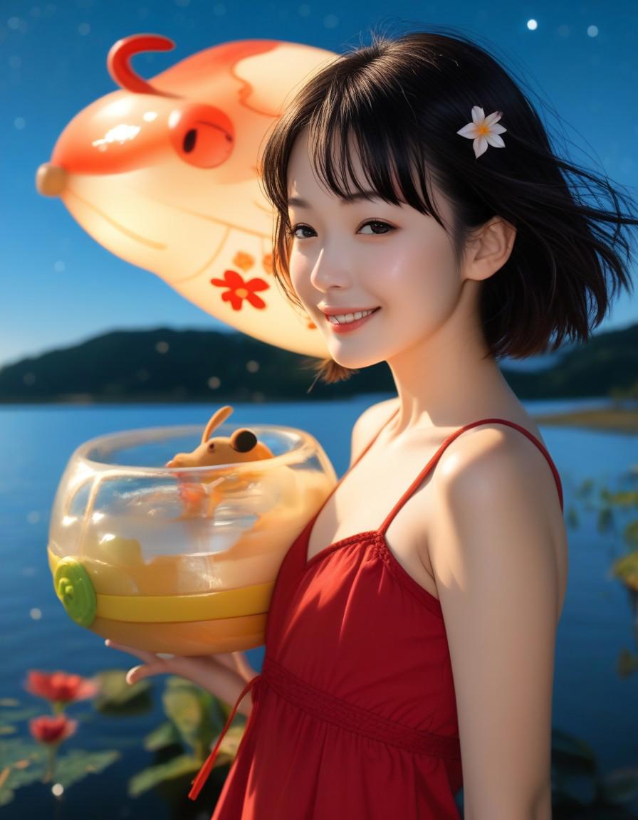 1girl, flat chest, tiny tits, a beautiful 20-year-old Japanese girl,short black hair, bob cut, straight hair, cute face, beautiful lips, ,  red dress, exposed thighs, slender and beautiful figure, Walking on the water, the lake reflects the starlight, and the starry sky is very beautiful.  Mysterious and fantastic, night,night sky,flowers on head, Sky lanterns float and shine faintly,light smile, happy, <lora:sdxl_lightning_8step_lora:1> score_9, score_8_up, score_7_up,score_6_up, hyper-Detailed, masterpiece, best Quality,film Grain, innocence,visual storytelling,dynamic composition,realistic, cinematic photo ,sharp focus, portrait,upper body,half-closed eyes,